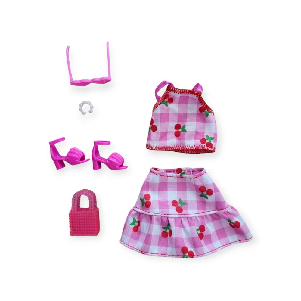 Barbie Doll Clothes Outfit Pink & Red Cherry Checkered Top & Skirt Shoes Handbag